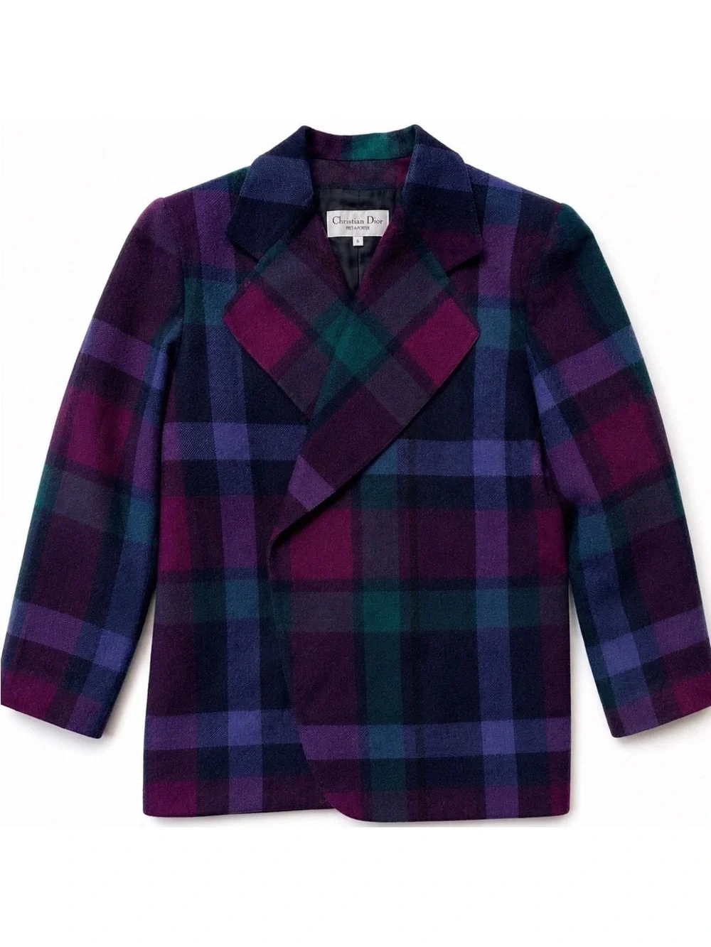 Vintage Christian Dior Wool Plaid Blazer Women’s 6 Purple Blue